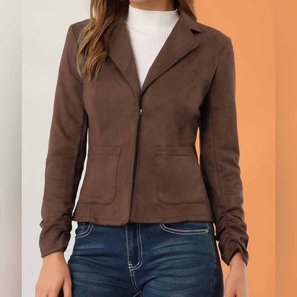 Women's Long Sleeve Casual Open Front Drawstring Faux Suede Blazer - Picture 4 of 12